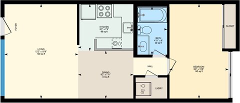 Floor plan for 1 bed, 1 bath, 648 sqft